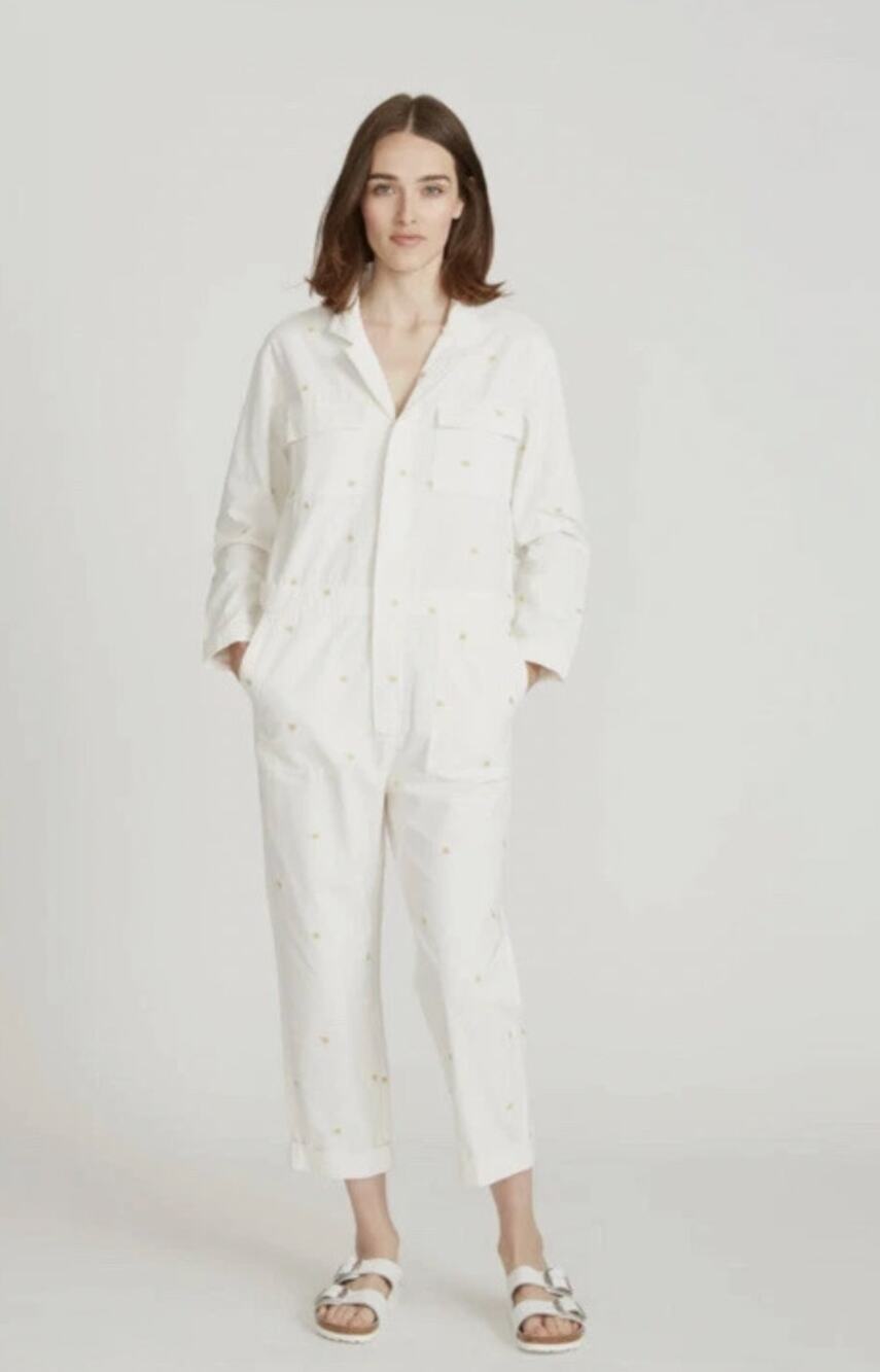 Driftwood Carly Jumpsuit Size Small White Dizzy Daisy Embroidered Floral